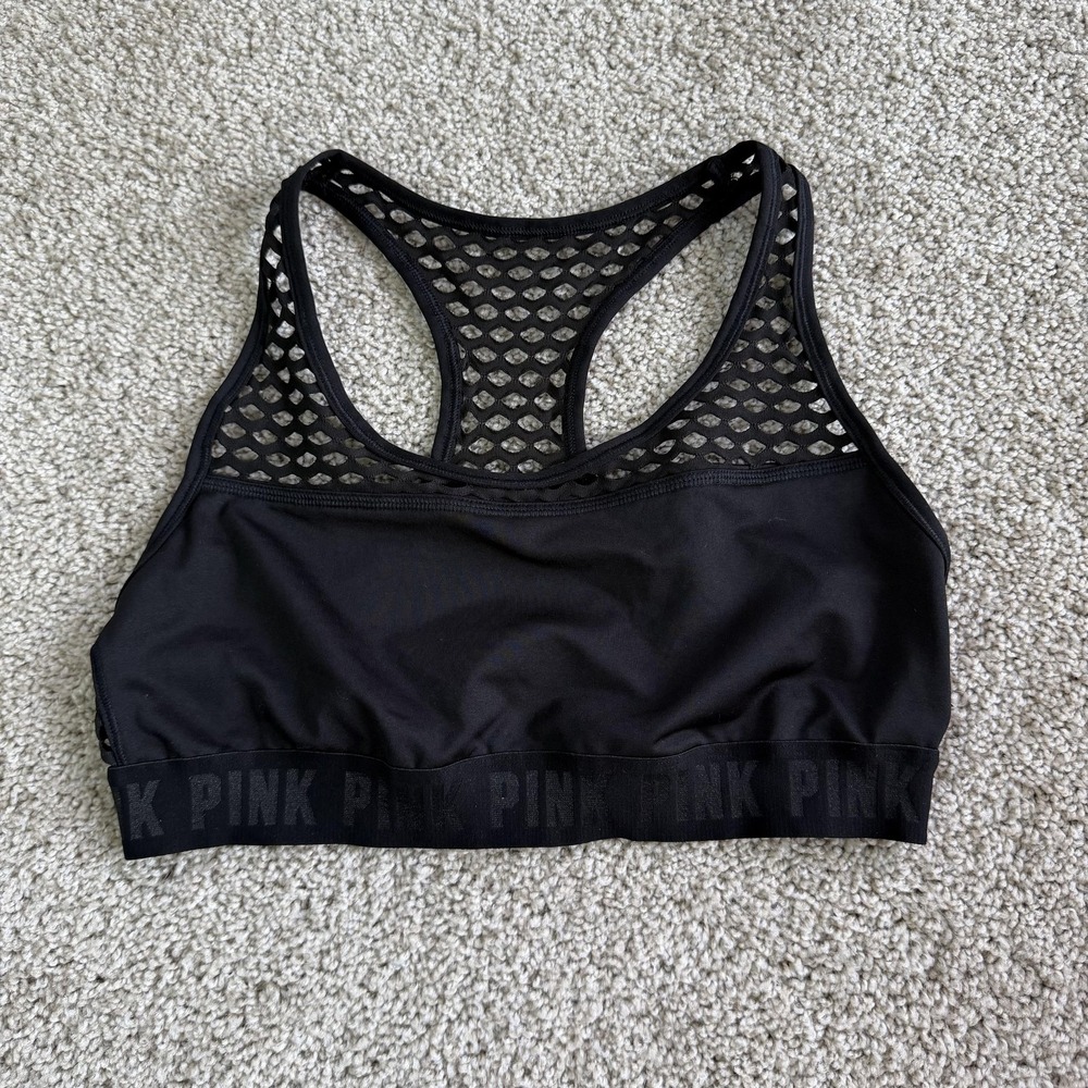 PINK Victoria's Secret Ultimate Sports Bra Womens Large Black Mesh Racerback Top